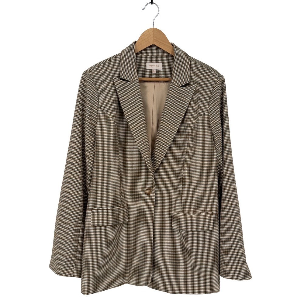 Skies Are Blue Houndstooth Blazer Brown Blue Plaid Single Button Jacket XL